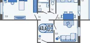 2-к квартира, вторичка, 64м2, 1/16 этаж