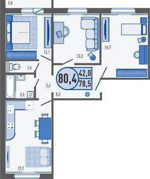 3-к квартира, вторичка, 80м2, 13/16 этаж
